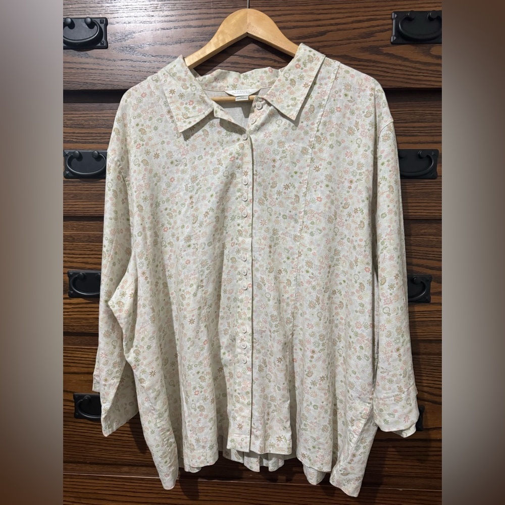CJ Banks Linen Rayon button down floral blouse 3X